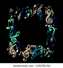 Square Frame of Musical Signs. Creative Background with Notes, Bass and Treble Clefs. Vector Element for Musical Poster, Banner, Advertising, Card. Minimalistic Simple Background.