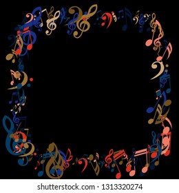 Square Frame of Musical Signs. Creative Background with Notes, Bass and Treble Clefs. Vector Element for Musical Poster, Banner, Advertising, Card. Minimalistic Simple Background.