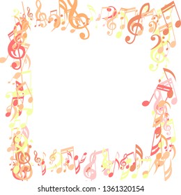 Square Frame of Musical Signs. Creative Background with Notes, Bass and Treble Clefs. Vector Element for Musical Poster, Banner, Advertising, Card. Minimalistic Simple Background.