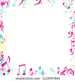 Square Frame of Musical Signs. Modern Background with Notes, Bass and Treble Clefs. Vector Element for Musical Poster, Banner, Advertising, Card. Minimalistic Simple Background.