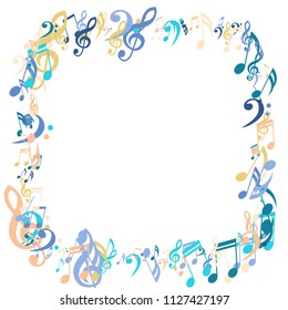 Square Frame of Musical Signs. Modern Background with Notes, Bass and Treble Clefs. Vector Element for Musical Poster, Banner, Advertising, Card. Minimalistic Simple Background.