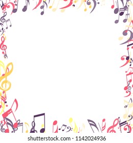 Square Frame of Musical Signs. Modern Background with Notes, Bass and Treble Clefs. Vector Element for Musical Poster, Banner, Advertising, Card. Minimalistic Simple Background.