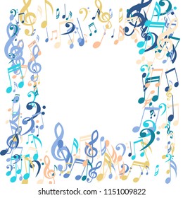 Square Frame of Musical Signs. Modern Background with Notes, Bass and Treble Clefs. Vector Element for Musical Poster, Banner, Advertising, Card. Minimalistic Simple Background.