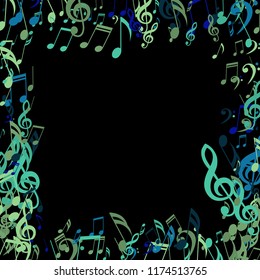 Square Frame of Musical Signs. Modern Background with Notes, Bass and Treble Clefs. Vector Element for Musical Poster, Banner, Advertising, Card. Minimalistic Simple Background.