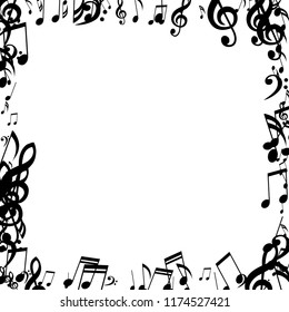Square Frame of Musical Signs. Modern Background with Notes, Bass and Treble Clefs. Vector Element for Musical Poster, Banner, Advertising, Card. Minimalistic Simple Background.