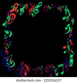 Square Frame of Musical Signs. Modern Background with Notes, Bass and Treble Clefs. Vector Element for Musical Poster, Banner, Advertising, Card. Minimalistic Simple Background.