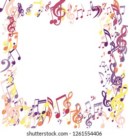 Square Frame of Musical Signs. Modern Background with Notes, Bass and Treble Clefs. Vector Element for Musical Poster, Banner, Advertising, Card. Minimalistic Simple Background.