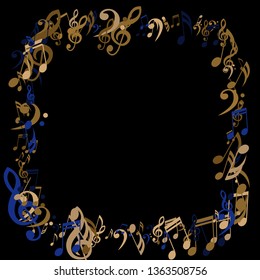 Square Frame of Musical Signs. Modern Background with Notes, Bass and Treble Clefs. Vector Element for Musical Poster, Banner, Advertising, Card. Minimalistic Simple Background.