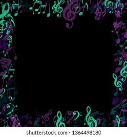 Square Frame of Musical Signs. Modern Background with Notes, Bass and Treble Clefs. Vector Element for Musical Poster, Banner, Advertising, Card. Minimalistic Simple Background.