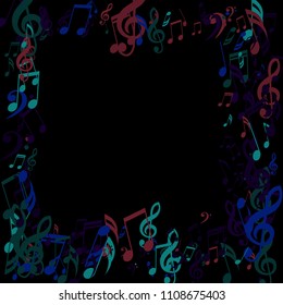 Square Frame of Musical Signs. Trendy Background with Notes, Bass and Treble Clefs. Vector Element for Musical Poster, Banner, Advertising, Card. Minimalistic Simple Background.