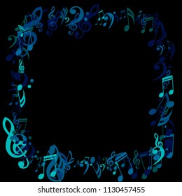 Square Frame of Musical Signs. Trendy Background with Notes, Bass and Treble Clefs. Vector Element for Musical Poster, Banner, Advertising, Card. Minimalistic Simple Background.