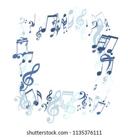 Square Frame of Musical Signs. Trendy Background with Notes, Bass and Treble Clefs. Vector Element for Musical Poster, Banner, Advertising, Card. Minimalistic Simple Background.