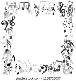 Square Frame of Musical Signs. Trendy Background with Notes, Bass and Treble Clefs. Vector Element for Musical Poster, Banner, Advertising, Card. Minimalistic Simple Background.
