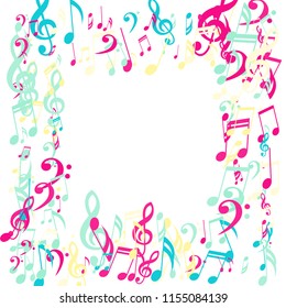Square Frame of Musical Signs. Trendy Background with Notes, Bass and Treble Clefs. Vector Element for Musical Poster, Banner, Advertising, Card. Minimalistic Simple Background.