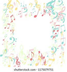 Square Frame of Musical Signs. Trendy Background with Notes, Bass and Treble Clefs. Vector Element for Musical Poster, Banner, Advertising, Card. Minimalistic Simple Background.