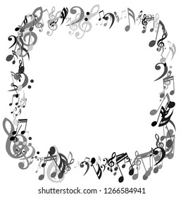 Square Frame of Musical Signs. Trendy Background with Notes, Bass and Treble Clefs. Vector Element for Musical Poster, Banner, Advertising, Card. Minimalistic Simple Background.