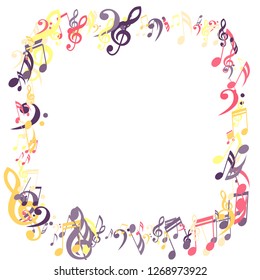 Square Frame of Musical Signs. Trendy Background with Notes, Bass and Treble Clefs. Vector Element for Musical Poster, Banner, Advertising, Card. Minimalistic Simple Background.