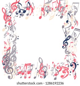 Square Frame of Musical Signs. Trendy Background with Notes, Bass and Treble Clefs. Vector Element for Musical Poster, Banner, Advertising, Card. Minimalistic Simple Background.