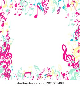 Square Frame of Musical Signs. Trendy Background with Notes, Bass and Treble Clefs. Vector Element for Musical Poster, Banner, Advertising, Card. Minimalistic Simple Background.