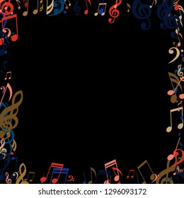 Square Frame of Musical Signs. Trendy Background with Notes, Bass and Treble Clefs. Vector Element for Musical Poster, Banner, Advertising, Card. Minimalistic Simple Background.
