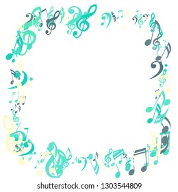 Square Frame of Musical Signs. Trendy Background with Notes, Bass and Treble Clefs. Vector Element for Musical Poster, Banner, Advertising, Card. Minimalistic Simple Background.