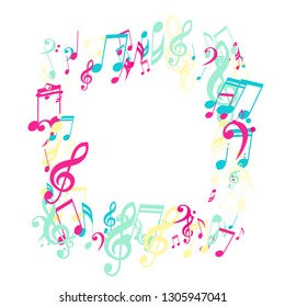 Square Frame of Musical Signs. Trendy Background with Notes, Bass and Treble Clefs. Vector Element for Musical Poster, Banner, Advertising, Card. Minimalistic Simple Background.