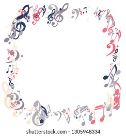 Square Frame of Musical Signs. Trendy Background with Notes, Bass and Treble Clefs. Vector Element for Musical Poster, Banner, Advertising, Card. Minimalistic Simple Background.