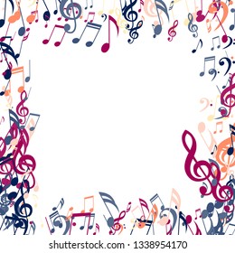 Square Frame of Musical Signs. Trendy Background with Notes, Bass and Treble Clefs. Vector Element for Musical Poster, Banner, Advertising, Card. Minimalistic Simple Background.