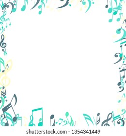 Square Frame of Musical Signs. Trendy Background with Notes, Bass and Treble Clefs. Vector Element for Musical Poster, Banner, Advertising, Card. Minimalistic Simple Background.