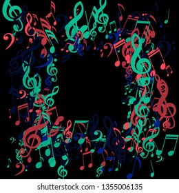 Square Frame of Musical Signs. Trendy Background with Notes, Bass and Treble Clefs. Vector Element for Musical Poster, Banner, Advertising, Card. Minimalistic Simple Background.