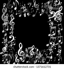 Square Frame of Musical Signs. Trendy Background with Notes, Bass and Treble Clefs. Vector Element for Musical Poster, Banner, Advertising, Card. Minimalistic Simple Background.