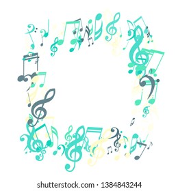 Square Frame of Musical Signs. Trendy Background with Notes, Bass and Treble Clefs. Vector Element for Musical Poster, Banner, Advertising, Card. Minimalistic Simple Background.