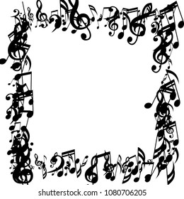 Square Frame of Musical Symbols. Abstract Background with Notes, Bass and Treble Clefs. Vector Element for Musical Poster, Banner, Advertising, Card. Minimalistic Simple Background.