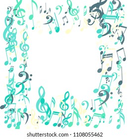 Square Frame of Musical Symbols. Abstract Background with Notes, Bass and Treble Clefs. Vector Element for Musical Poster, Banner, Advertising, Card. Minimalistic Simple Background.