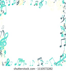 Square Frame of Musical Symbols. Abstract Background with Notes, Bass and Treble Clefs. Vector Element for Musical Poster, Banner, Advertising, Card. Minimalistic Simple Background.