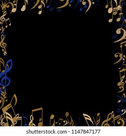 Square Frame of Musical Symbols. Abstract Background with Notes, Bass and Treble Clefs. Vector Element for Musical Poster, Banner, Advertising, Card. Minimalistic Simple Background.