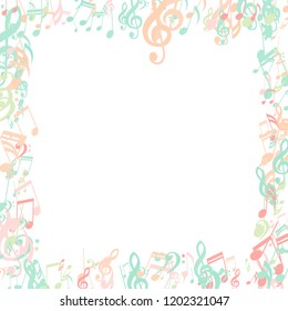 Square Frame of Musical Symbols. Abstract Background with Notes, Bass and Treble Clefs. Vector Element for Musical Poster, Banner, Advertising, Card. Minimalistic Simple Background.