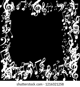Square Frame of Musical Symbols. Abstract Background with Notes, Bass and Treble Clefs. Vector Element for Musical Poster, Banner, Advertising, Card. Minimalistic Simple Background.