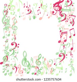 Square Frame of Musical Symbols. Abstract Background with Notes, Bass and Treble Clefs. Vector Element for Musical Poster, Banner, Advertising, Card. Minimalistic Simple Background.