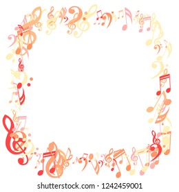 Square Frame of Musical Symbols. Abstract Background with Notes, Bass and Treble Clefs. Vector Element for Musical Poster, Banner, Advertising, Card. Minimalistic Simple Background.