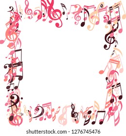 Square Frame of Musical Symbols. Abstract Background with Notes, Bass and Treble Clefs. Vector Element for Musical Poster, Banner, Advertising, Card. Minimalistic Simple Background.
