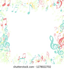 Square Frame of Musical Symbols. Abstract Background with Notes, Bass and Treble Clefs. Vector Element for Musical Poster, Banner, Advertising, Card. Minimalistic Simple Background.