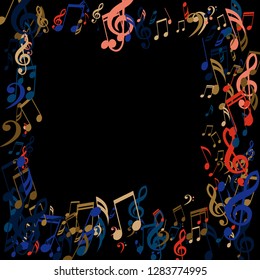 Square Frame of Musical Symbols. Abstract Background with Notes, Bass and Treble Clefs. Vector Element for Musical Poster, Banner, Advertising, Card. Minimalistic Simple Background.