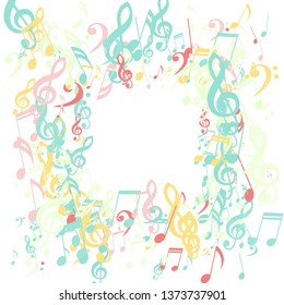 Square Frame of Musical Symbols. Abstract Background with Notes, Bass and Treble Clefs. Vector Element for Musical Poster, Banner, Advertising, Card. Minimalistic Simple Background.