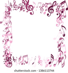 Square Frame of Musical Symbols. Abstract Background with Notes, Bass and Treble Clefs. Vector Element for Musical Poster, Banner, Advertising, Card. Minimalistic Simple Background.