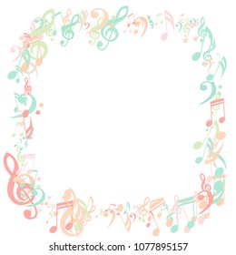 Square Frame of Musical Symbols. Creative Background with Notes, Bass and Treble Clefs. Vector Element for Musical Poster, Banner, Advertising, Card. Minimalistic Simple Background.