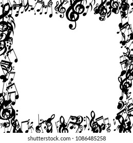 Square Frame of Musical Symbols. Creative Background with Notes, Bass and Treble Clefs. Vector Element for Musical Poster, Banner, Advertising, Card. Minimalistic Simple Background.