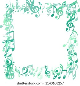 Square Frame of Musical Symbols. Creative Background with Notes, Bass and Treble Clefs. Vector Element for Musical Poster, Banner, Advertising, Card. Minimalistic Simple Background.