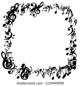 Square Frame of Musical Symbols. Creative Background with Notes, Bass and Treble Clefs. Vector Element for Musical Poster, Banner, Advertising, Card. Minimalistic Simple Background.