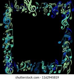 Square Frame of Musical Symbols. Creative Background with Notes, Bass and Treble Clefs. Vector Element for Musical Poster, Banner, Advertising, Card. Minimalistic Simple Background.